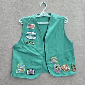 VINTAGE Girl Scouts Girls Vest XL Green Muir Trail Badges Embroidered Patch